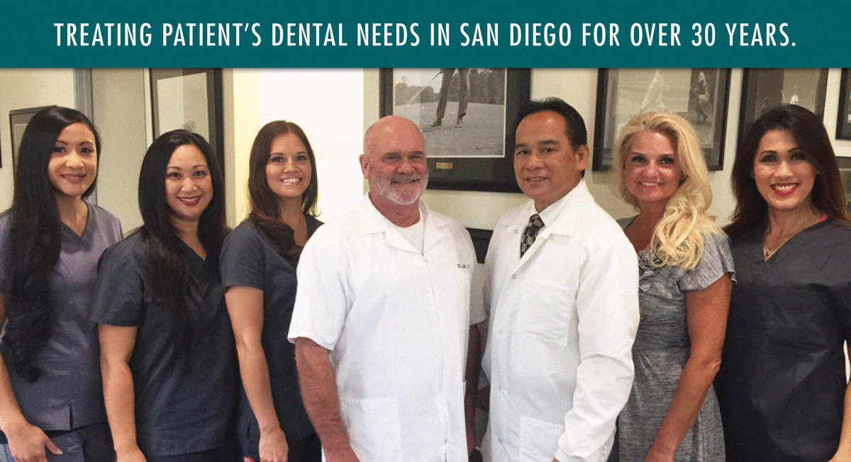 Treating Patient's Dental Needs In San Diego For Over 30 Years. Rotating images of staff members, San Diego skyline, boats in the bay, coronado island